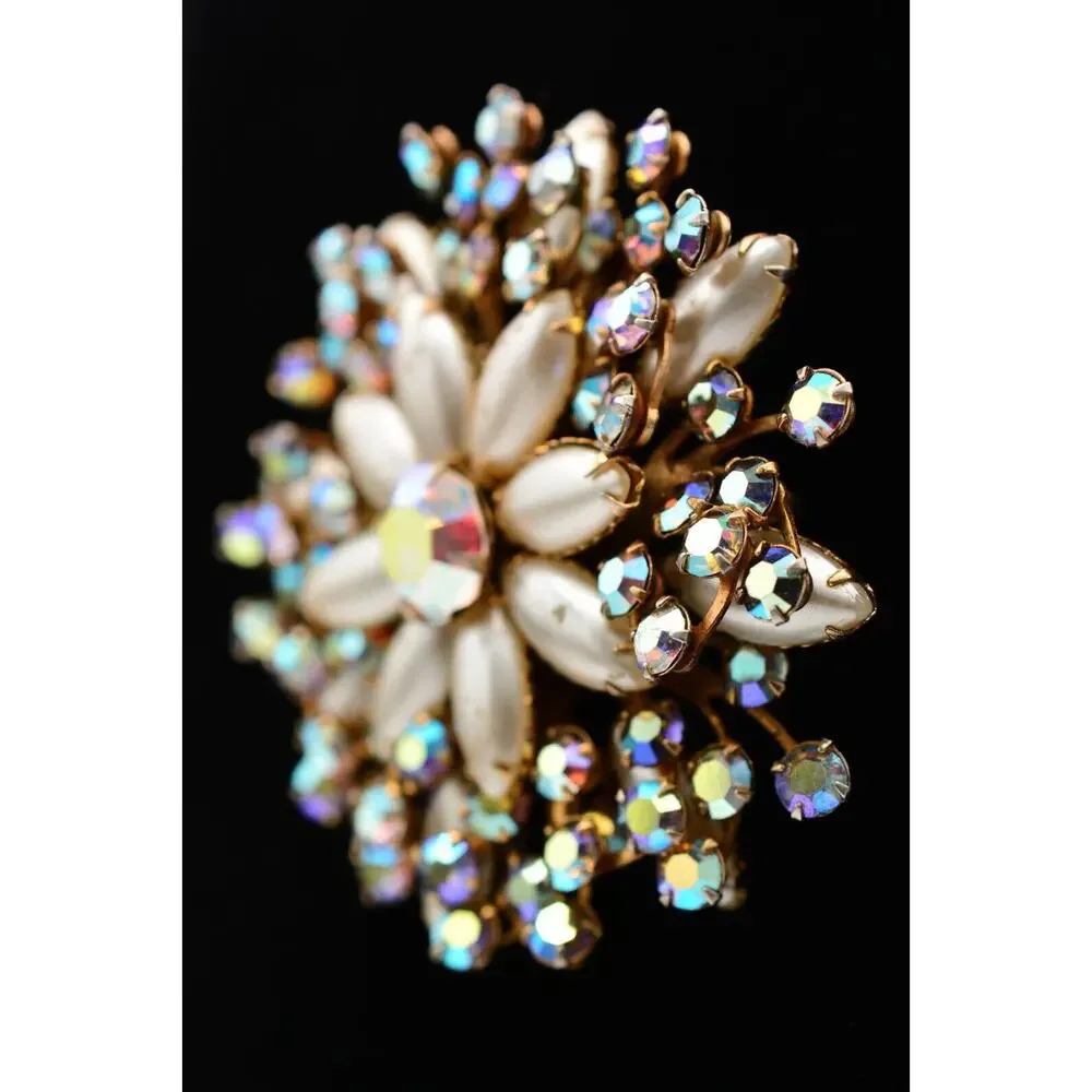 Vintage Crystal Flower Pin Brooch Aurora Borealis Rhinestone Prong 1980s BinAT